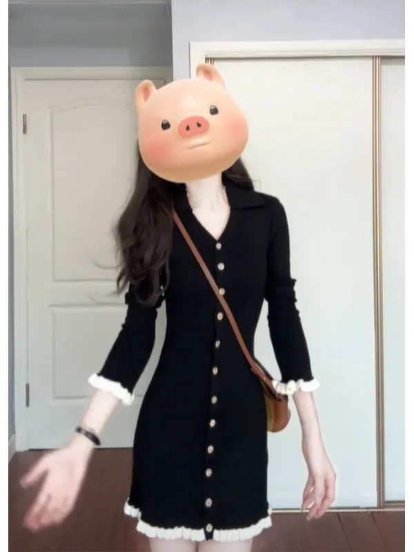 한국 스타일 니트 랩 어라운드 브이넥 슬림핏 드레스 하이 센세이션 겨울 패션 심플 엘레강스 바디콘 드레스