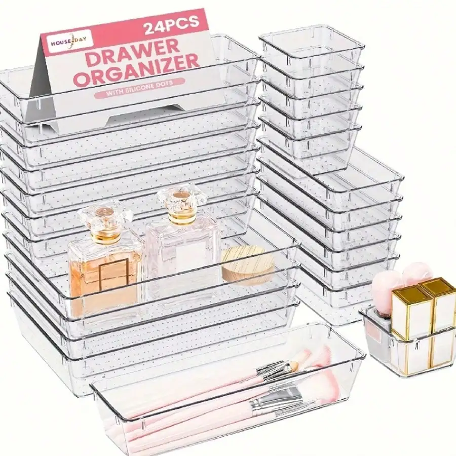 Conjunto organizador transparente de 24 unidades: mesa de acrílico/gaveta/armazenamento de vaidade de cosméticos + suporte de escova