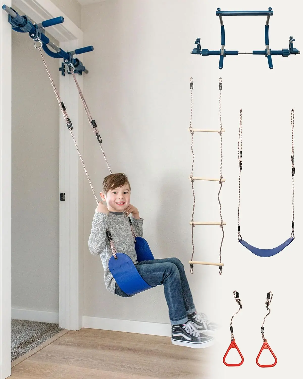 Doorway Swing Set Includes Sensory Swing for Kids, Indoor Pull Up Bar for Adults, Rings for Grip Power, Agility Ladder, Holds Up