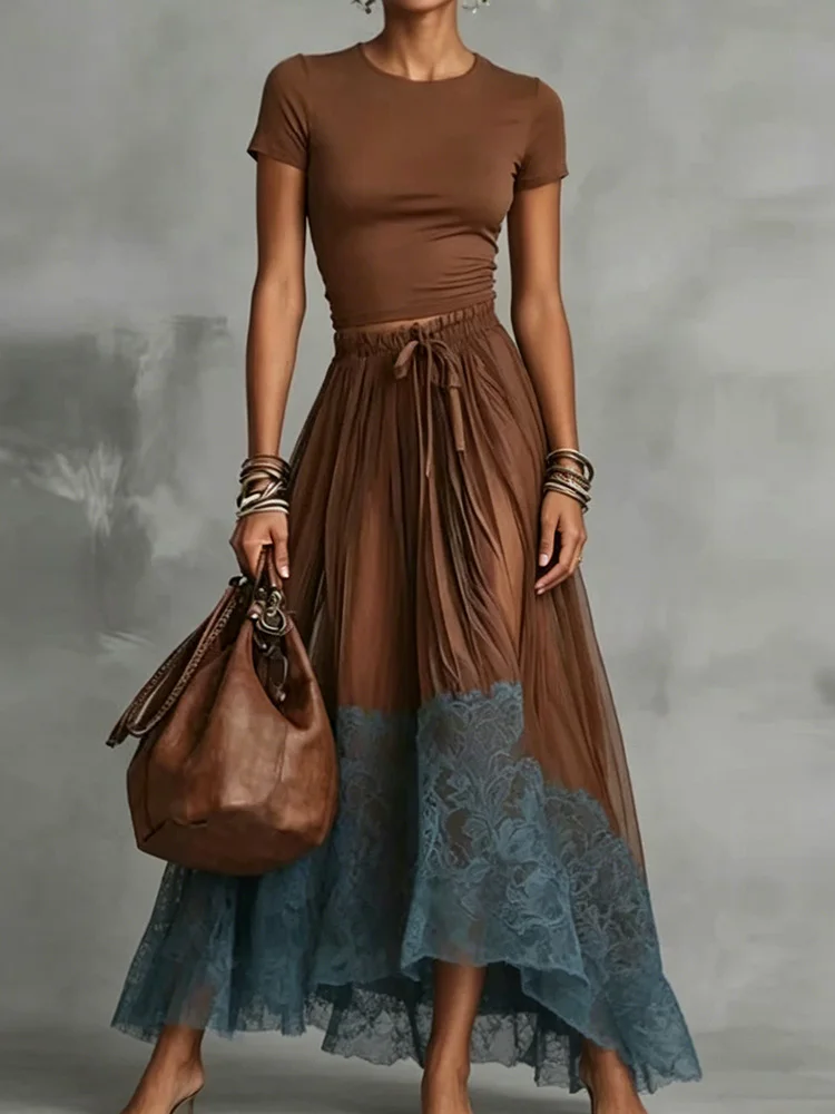 

Retro Lace Patchwork Pleated Vacation Suit Summer Tie Up Solid Casual Outfit O-neck Short Sleeved Top and Long Skirt Women's Set
