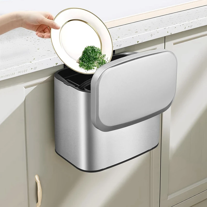 Hanging Stainless Steel Compost Bin 1.05 Gallon Wall Mounted Trash Can With Lid, Kitchen Cabinet Door Sink Garbage Can Silver