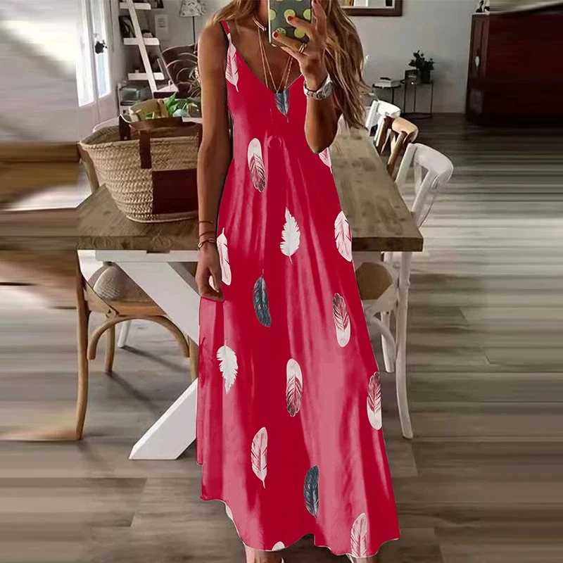 8Colour All-Season Chic Feather Print Maxi Dress Casual V-Neck Comfort Stretch Easy Care