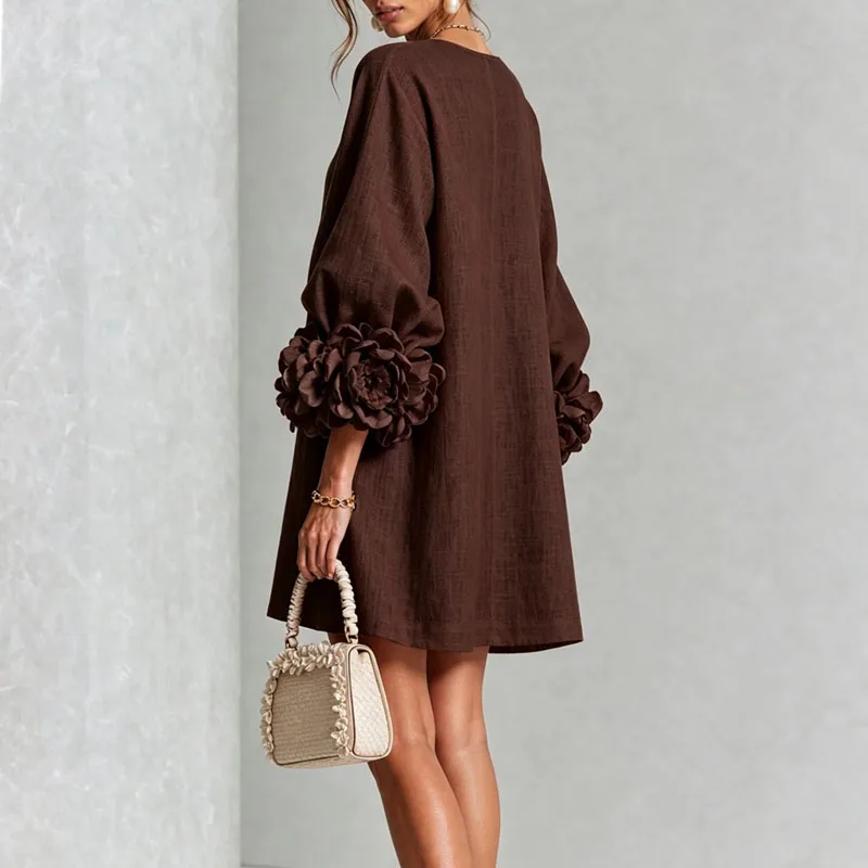 Elegant Solid Dresses Women Round Neck Lantern Sleeve 3D Flower Cuff Decorative Button Loose Short Dress Casual Streetwear Dress