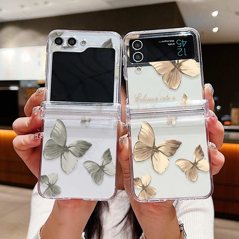 Transparent Hard Folding Phone Case For Samsung Galaxy Z Flip 5 Flip 4 Flip 3 Clear Butterfly Pattern Shockproof Back Cover