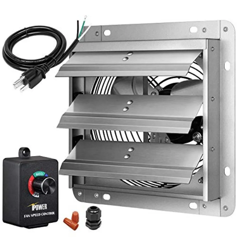 

14 Inch Wall Mounted Shutter Aluminum Exhaust Fan with Speed Controller and Power Cord Kit, 1600 RPM, 1000 CFM, for Attic, Gara