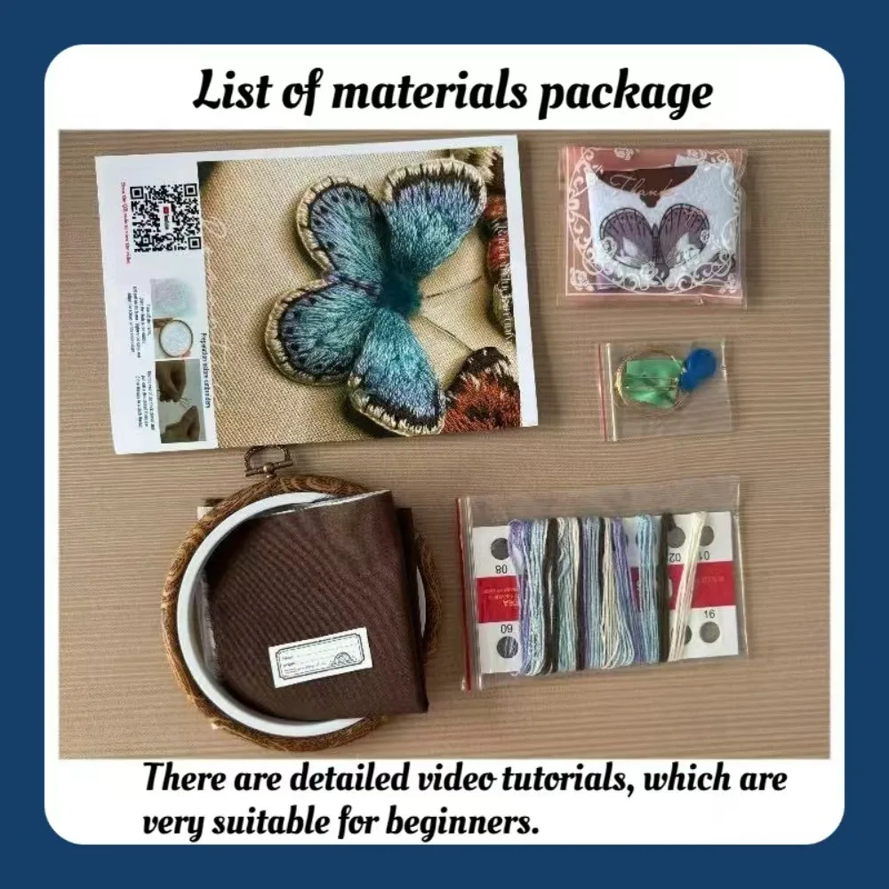 A delicate and niche blue three-dimensional butterfly DIY embroidery kit. The kit comes with a video tutorial and an English man