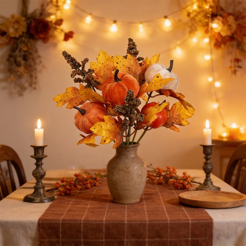 Künstlicher Kürbis- und Ahornblatt-Blumenstrauß, Kunst-Herbstlaub für Thanksgiving, Ernte, Heimdekoration, Tischvase, Blumenarrangement – Detail 4