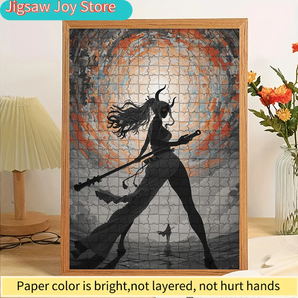 

Пазл из художественной бумаги One Piece: Ямато, Оленьи рога Они, Силуэт самурая с посохом, фон с вихревым вихрем, Аниме-персонаж Принцесса Они