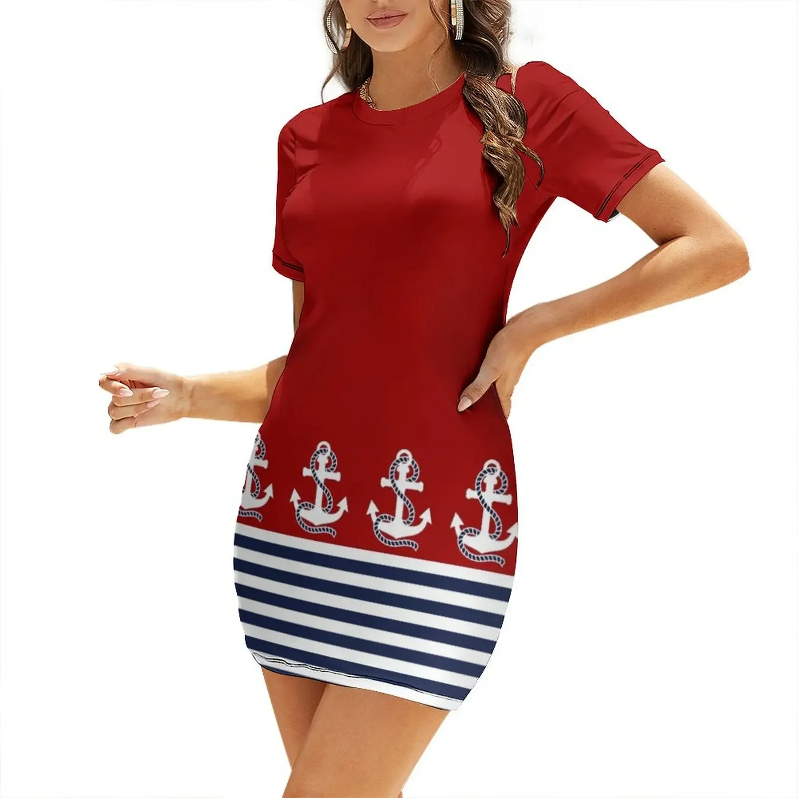

Nautical red white stripes and blue anchors on red background Short-Sleeved Dress sexy dress Dress