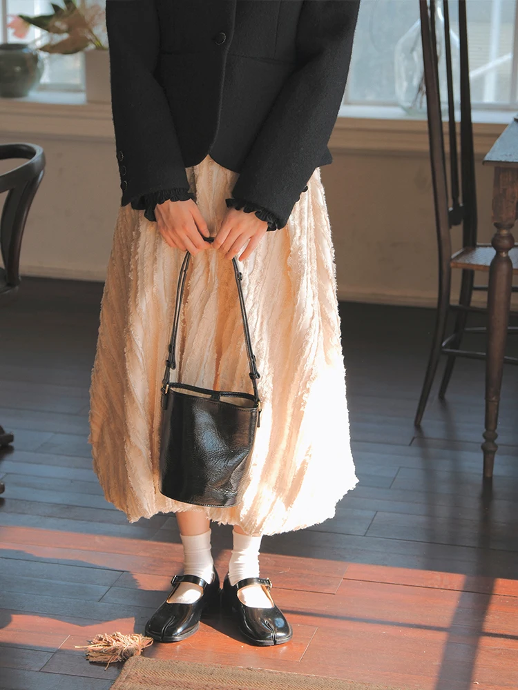 

Spring Women's Midi Skirt with Bloomer Texture Sensation And Elastic Waist in Apricot Striped Polyester And Rayon Blend