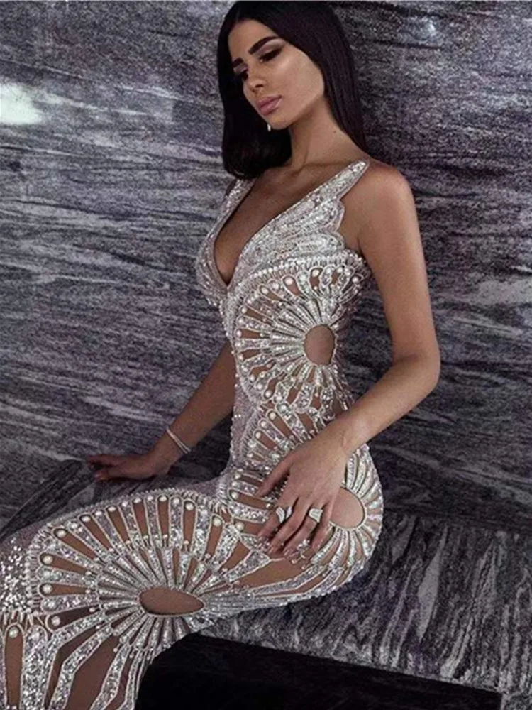 Women Luxury Sexy V Neck Mesh Sequins Studded Maxi Long Lady Dress 2022 Designer Fashion Elegant Evening Party Dress Vestidos