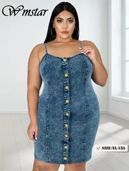 Wmstar Plus Size Denim Dresses for Women Summer Sleeveless Fashion Casual Bodycon Button Midi Dress Wholesale Dropshipping 2024