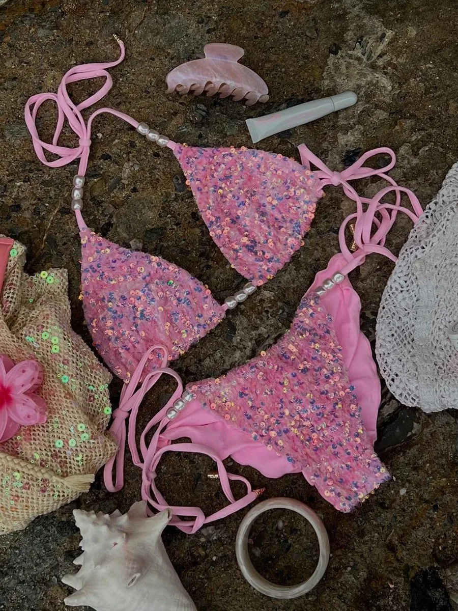 

2025 Dreamy Pink Sequin Bikini Set – Pearl Beads & Sparkly Design Perfect for Beach Wear and Pool Parties Summer Getaways