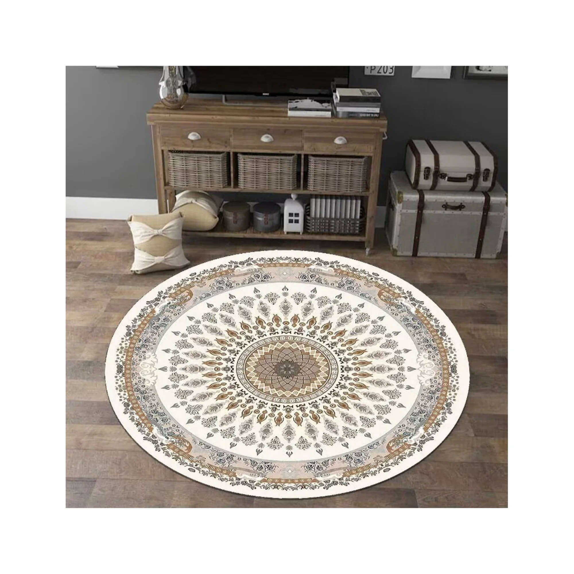 Round Indoor Rug with Elegant Traditional Motif – Soft Crystal Velvet, Non-Slip & Machine-Made for Home
