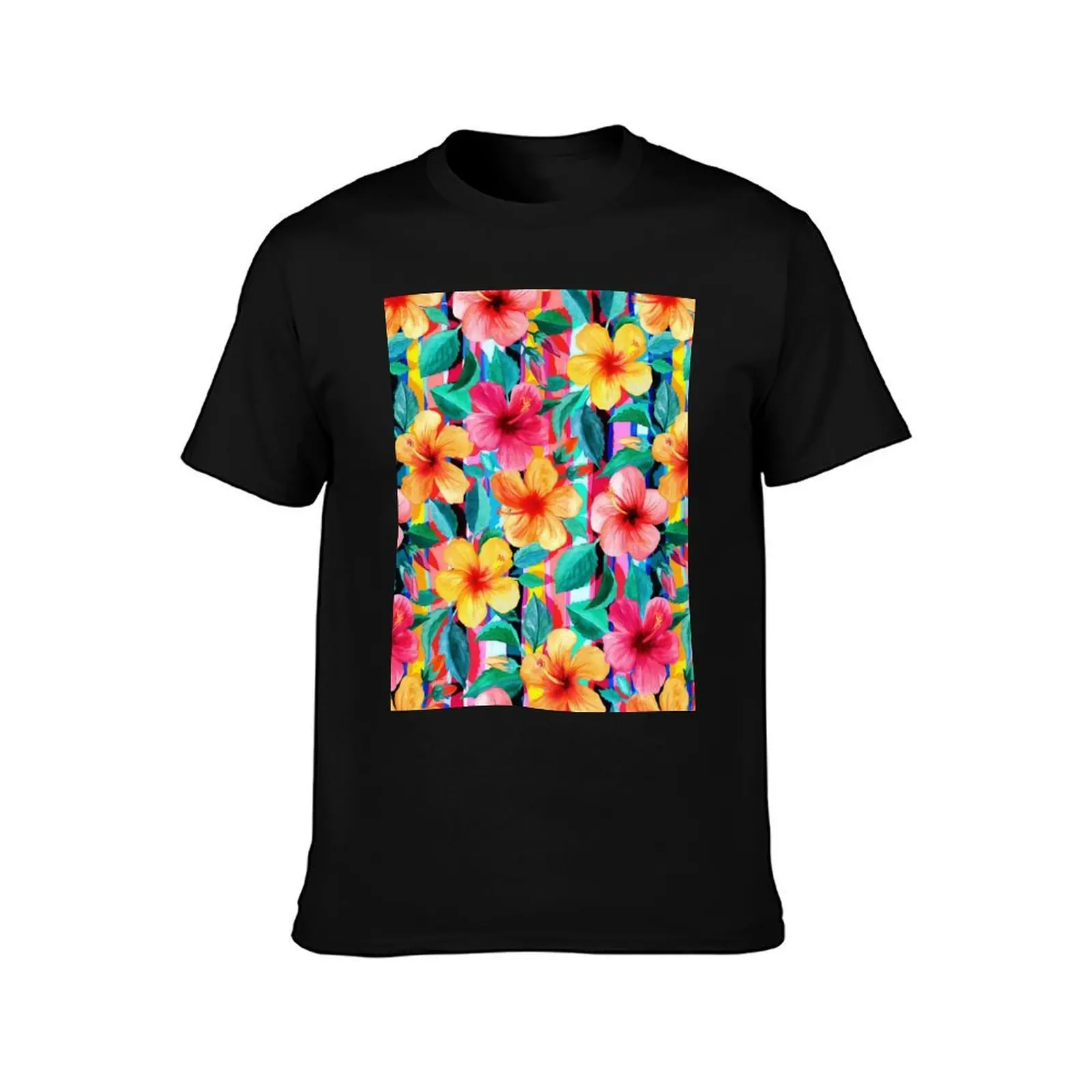 OTT Maximalist Hawaiian Hibiscus Floral with Stripes T-Shirt custom t shirt man clothes mens t shirt