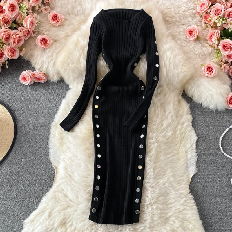 Winter Women\'s Knitted Sweater Dresses O-Neck Long Sleeve Slim Side Double Row Buckle Hip Wrap Dress Ladies Sheath Dress Autumn