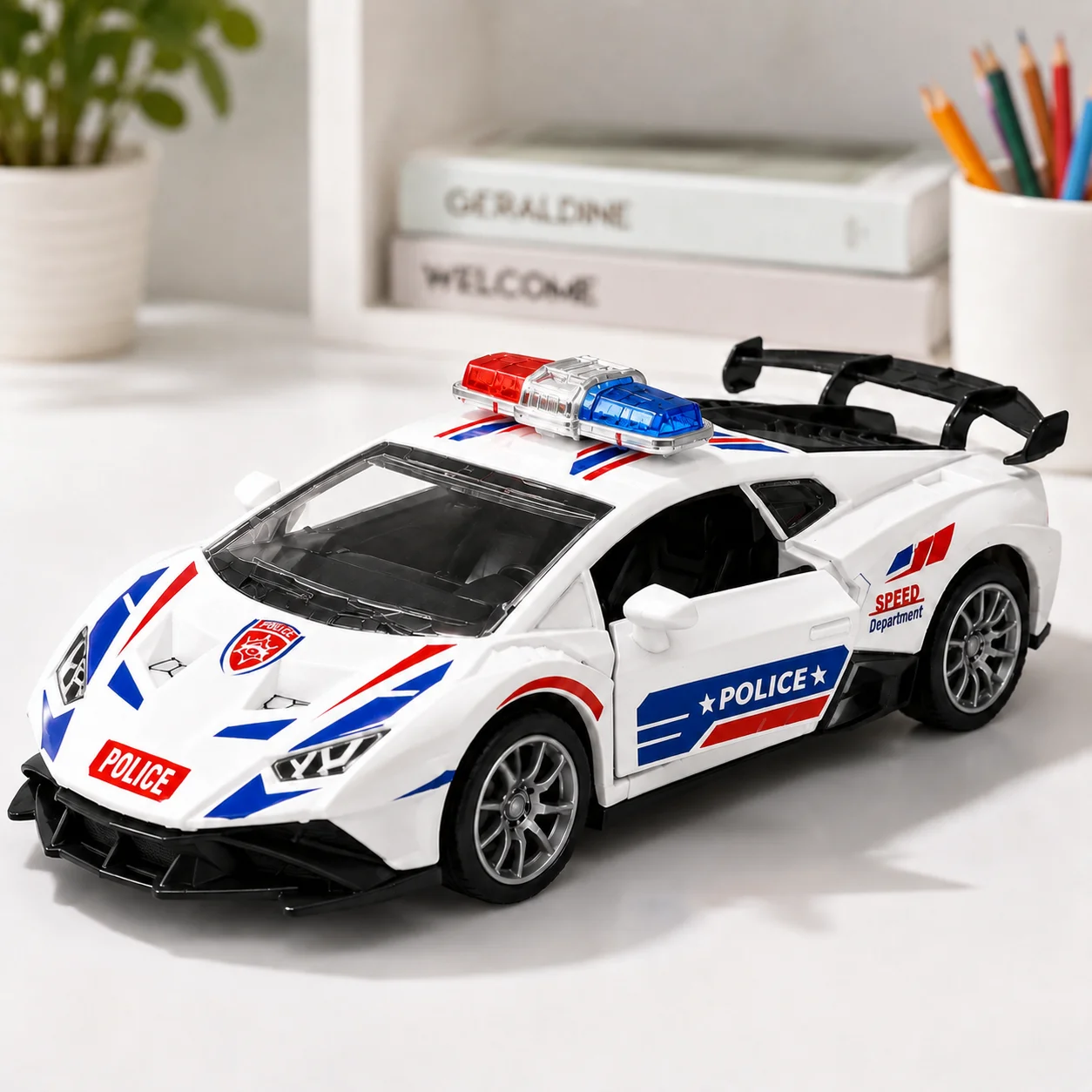 MQUDUO Police Sports Car Model, White Patrol Vehicle with Roof Light Bar, Opening Door, Holiday Display Collection Gift