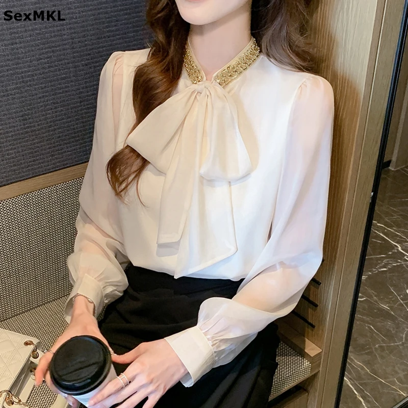 

Элегантные шифоновые блузки с бантом, женские 2026, корейская одежда с длинным рукавом Y2k, спецодежда с блестками, офисные женские черные топы, рубашки