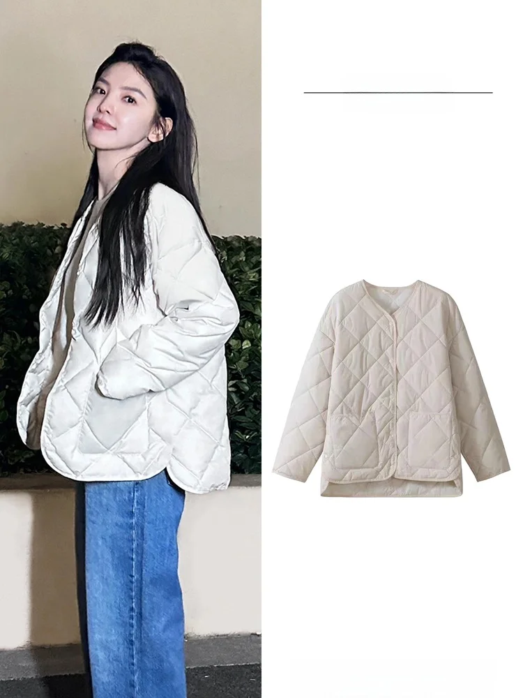 

White V-Ne Quilted Cotton Jaet Women's Lightweight Winter Coat Padded Jaet Korean Sle Loose Fit Pure Color
