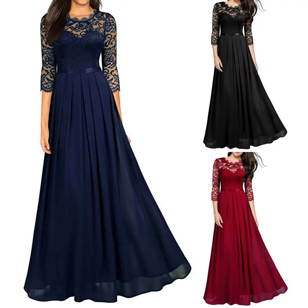 Fashion Holiday Dress  Waist Tight All-matched Women Dress  3/4 Lace Sleeve Slim Fit Party Dress