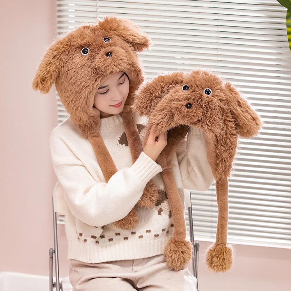 Cute Fluffy Dog Shaped Hat Warm Women's Plush Hat Thick Kawaii Anti-Cold Windproof Hooded Scarf Cartoon Puppy Christmas Gifts