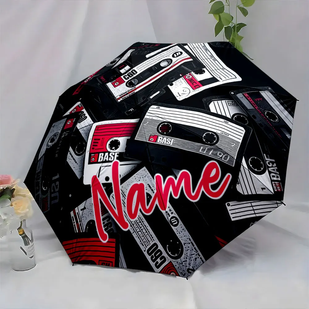 Custom Name Umbrella Retro Cassette Tape Umbrella Design Print 8 Iron Ribs Folding Umbrella Auto-Open Fashion Sunshade