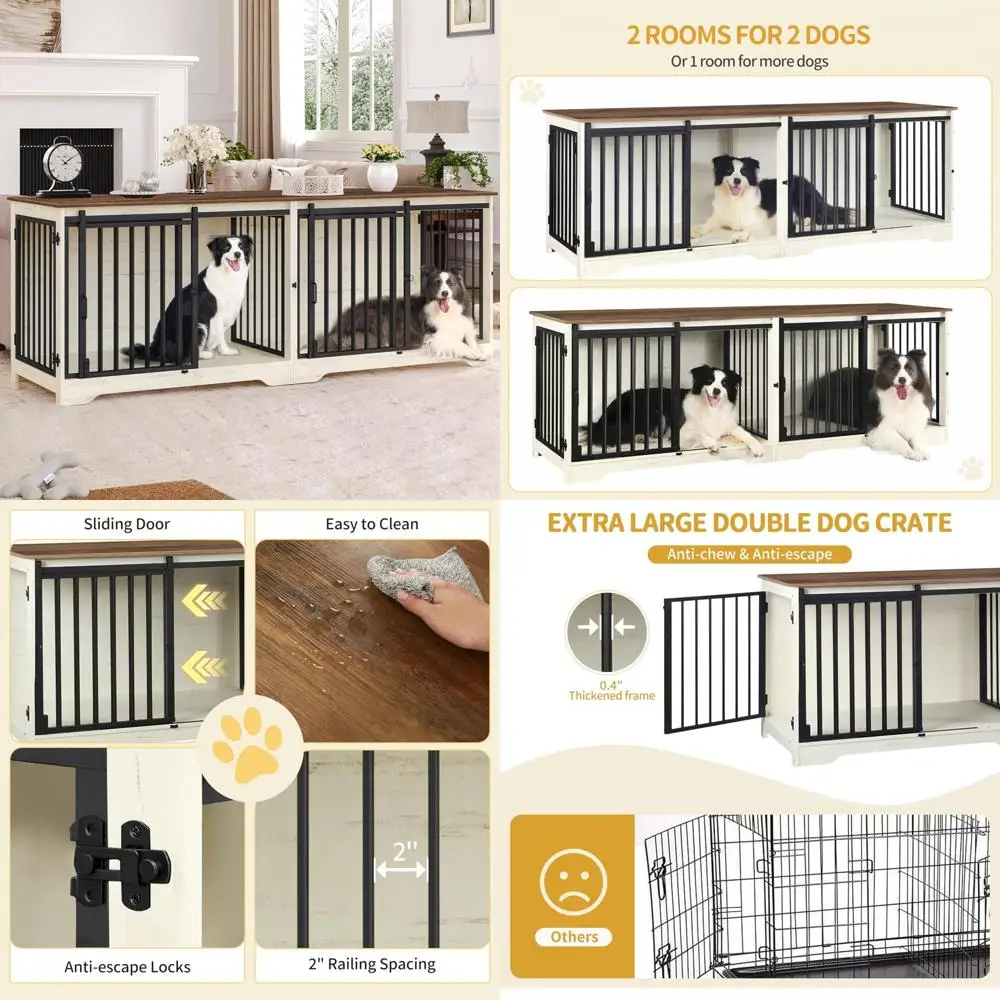 

Double Dog Crate Furniture - Heavy Duty Wooden Kennel with Divider and Barn Door for Pet Safety and Comfort