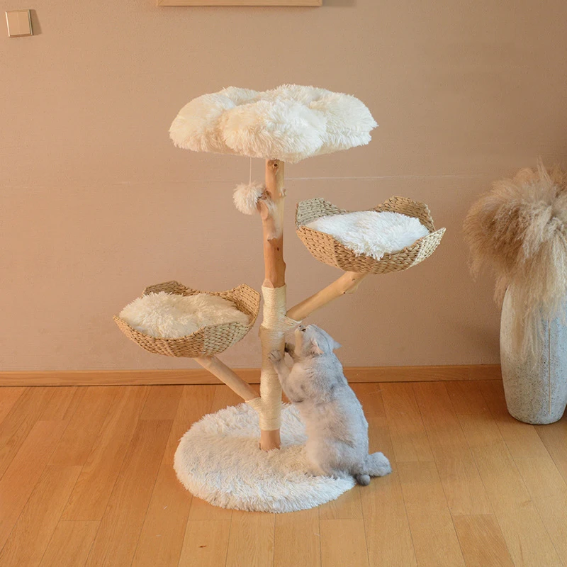 Fast Delivery Pet Supplies Cute Cloud Design Floor to Ceiling Wooden Cat Climbing Tree Natual Wood Cat Condo Luxury