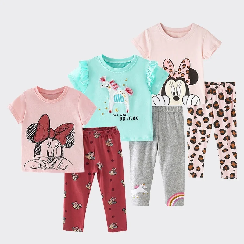 Toddler Girl Summer Clothes Baby Girls Cartoon Unicorn Mickey Minnie Mouse Pattern T-shirt Pants 2 Piece Sets Pajamas Cotton