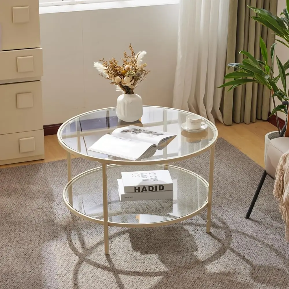 

Glass Coffee Table, 30"" Round Coffee Table, Transparent Glass Coffee Tables For Living Room, 2-Tier Coffee Table With Storage,