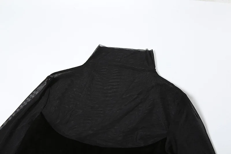 เดรสยาวซีทรูแขนตาข่ายเซ็กซี่สำหรับผู้หญิง แต่งผ้ากำมะหยี่สีดำ คอเต่ารัดรูปทรงบอดี้คอน เหมาะสำหรับออกงานกลางคืนหรือใส่ไปเที่ยวคลับ ดีไซน์หรูหรา