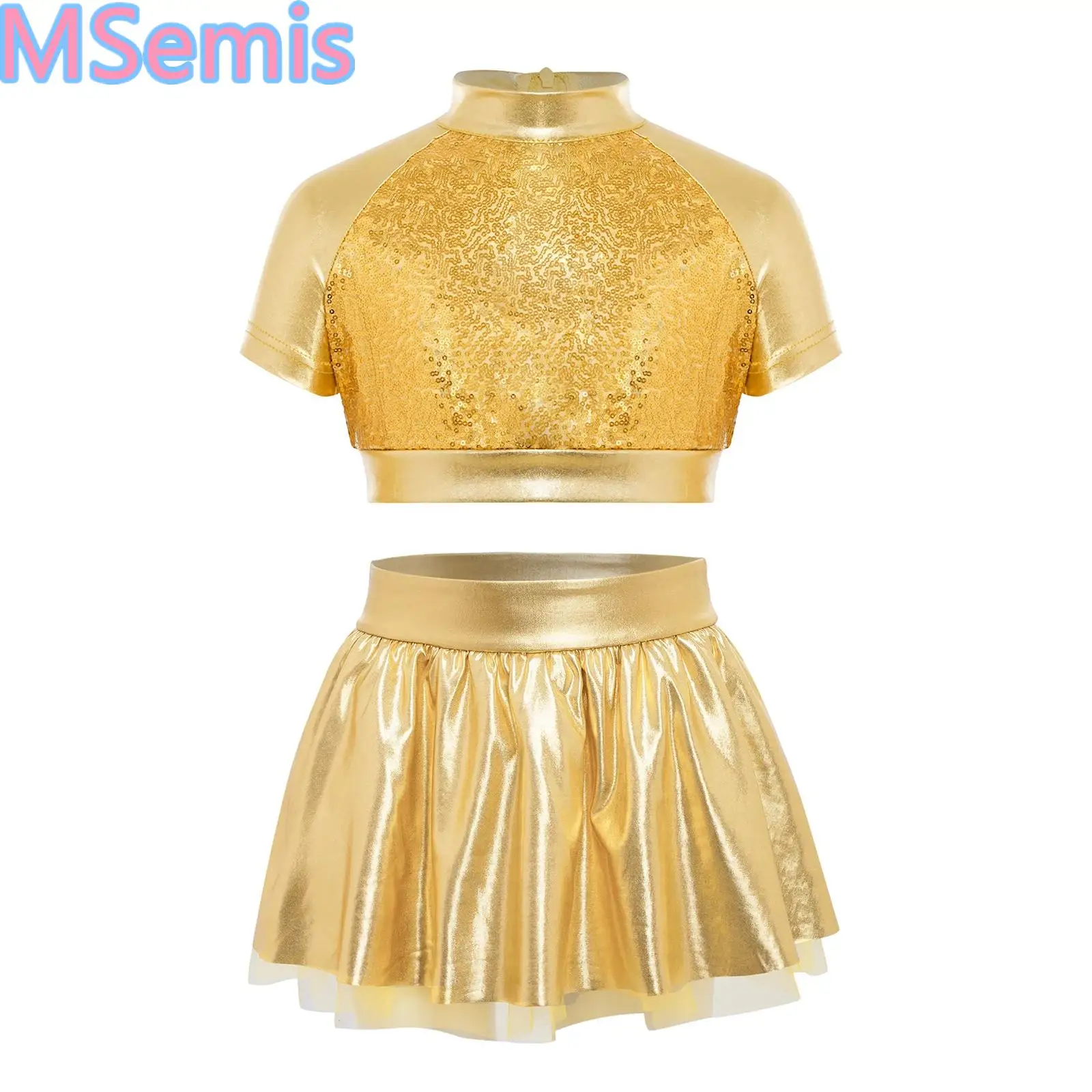 Kid Girls Jazz Tango Tap Dance Performance Outfit Modern Street Dancewear Short Sleeve Sequins Zipper Crop Top with Tutu Skirted