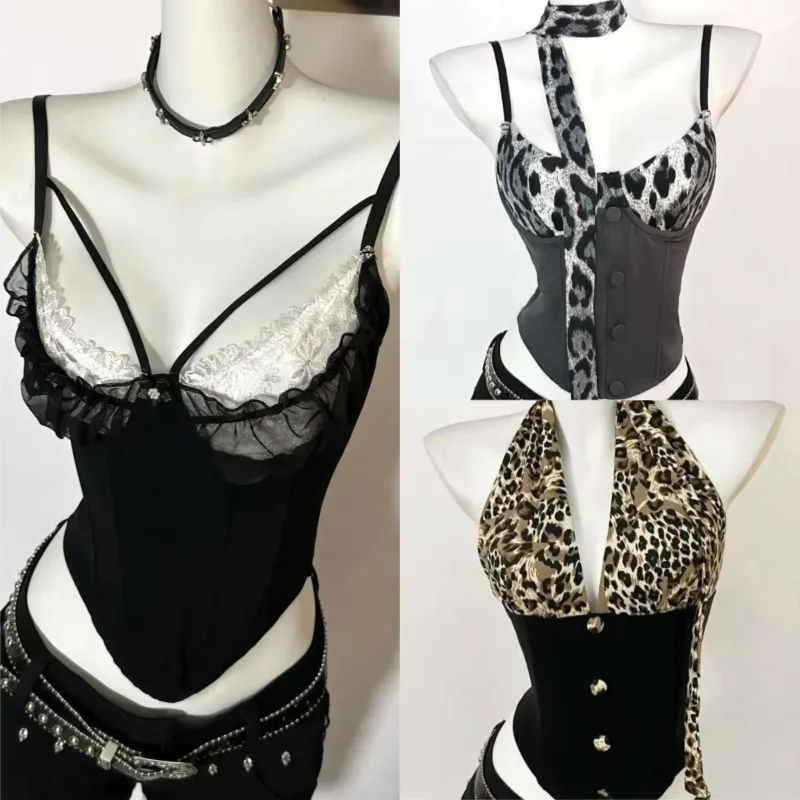 Sexy Camis Y2K Frauen Kleidung Tank Tops Geraffte Spitze Mesh Tops Vintage Westen Slim Fit Backless Off Schulter Heiße Mädchen Streetwear