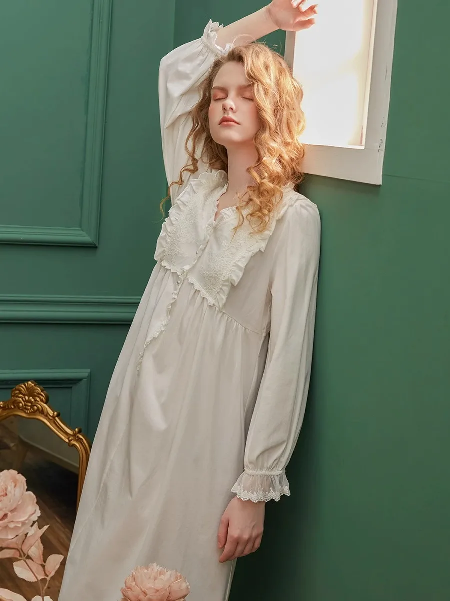 Nightgowns Women Lace Long Sleeve Princess Pleated Solid Ruffles Simple Sleepshirts Outwear Sleepwear Lady Stylish Vintage Cozy