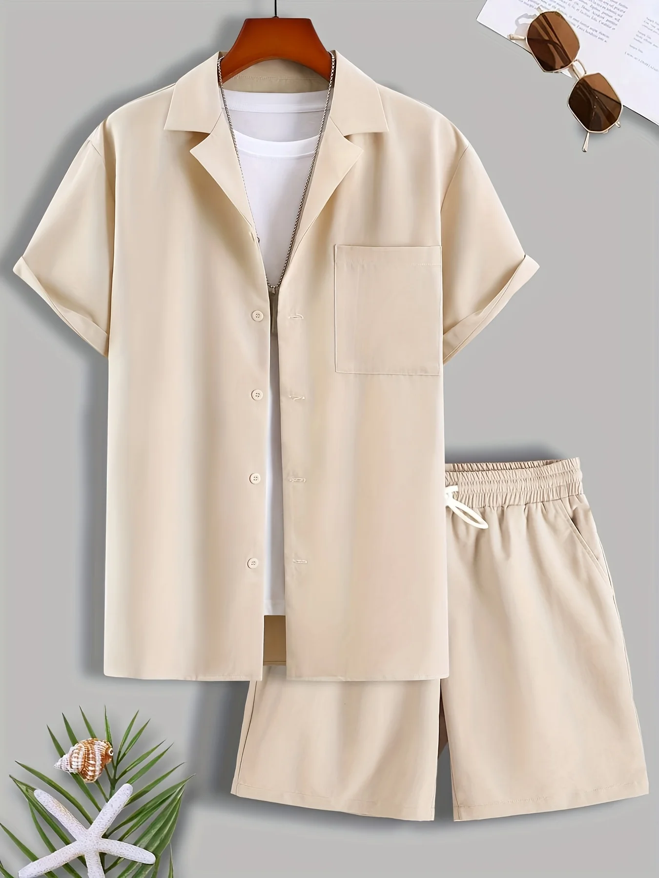 Men's Light Beige Cuban Collar Short Sleeve Shirt & Shorts Set Summer Casual Vacation Loose 2 Piece Outfit