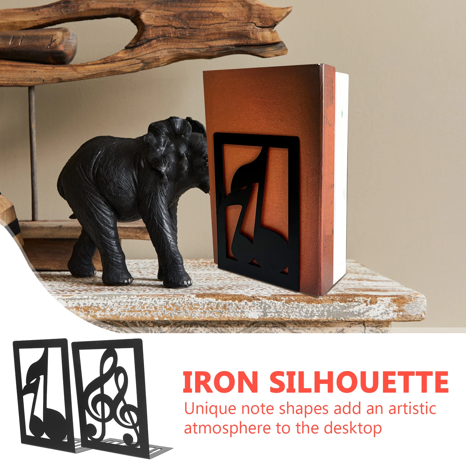 

2 Pcs Iron Musical Note Bookends Desktop Desk Decorative Bookshelf Organizer for Study Office Reading Holder