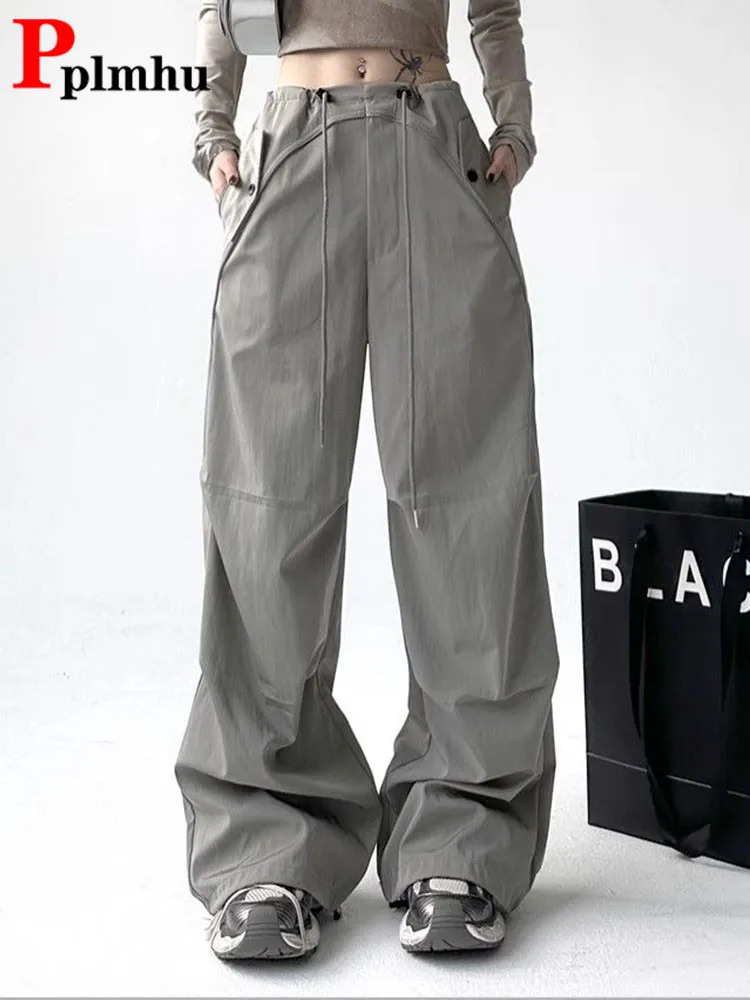 

Big Pockets Elastic Waist Baggy Cargo Pants Women Casual Lace Up Wide Leg Pantalones Spring Fall Chic High Street Loose Spodnie