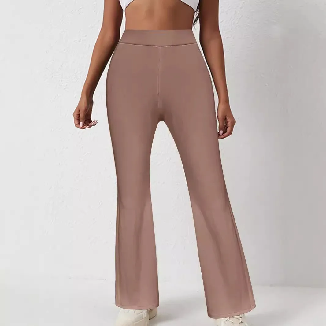 Casual Ribbed High Waist Pants with Slightly Flared Regular Fit Full Length Slight Stretch Regular Thickness Spring Women Pants