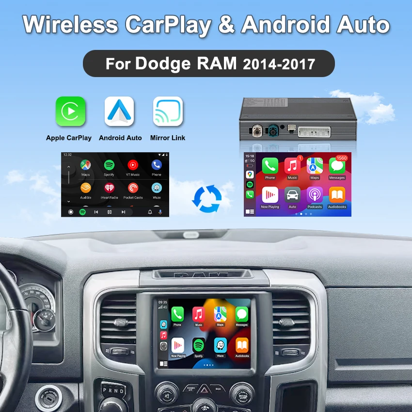 

Wireless Carplay Box Android Auto Interface for Dodge Ram 1500 2500 3500 2014-2017 Plug and Play Navigation Radio Car DVD Player