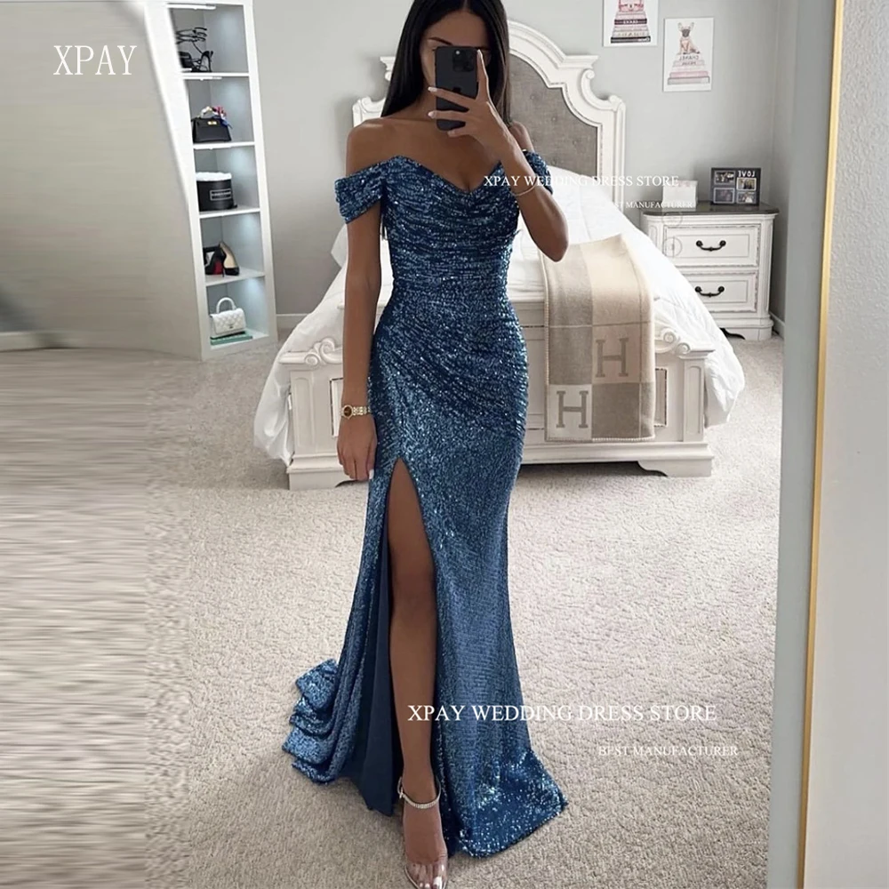 

XPAY Sparkly Dusty Blue Mermaid Prom Dresses Glitter Off the Shoulder Sequin Split Floor Length Evening Gowns Formal Party