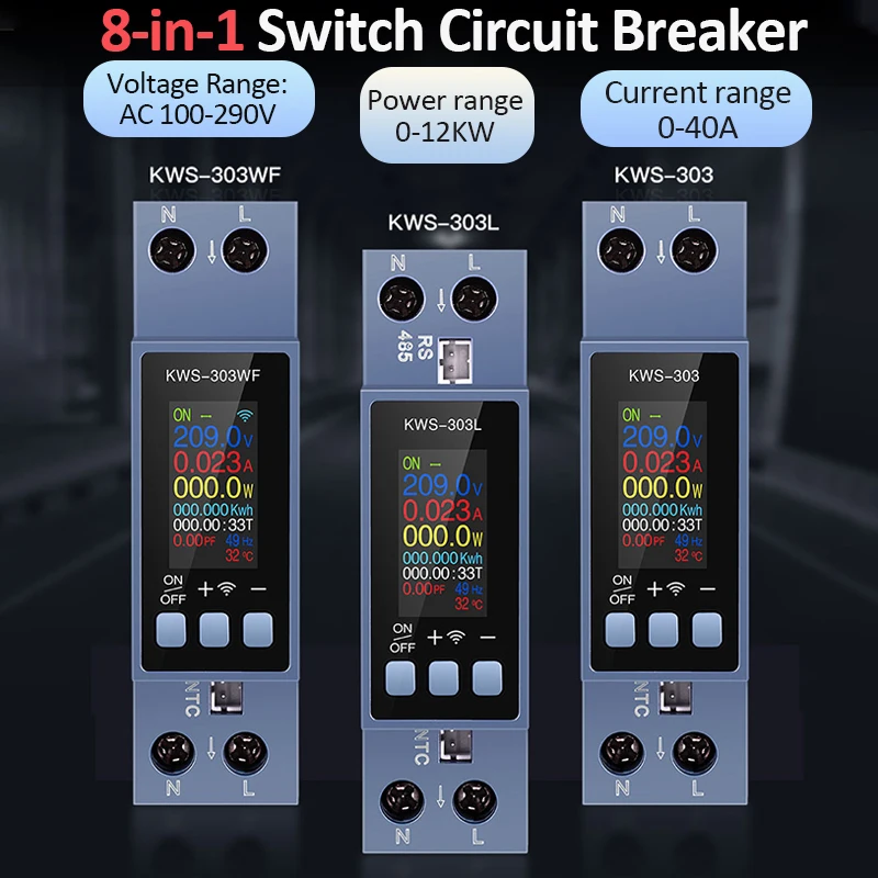 8 IN1 Digital Power Energy Meter AC100-290V/40A Din Rail AC Monitor Voltage Current Power Factor KWH Electric Frequency Meter