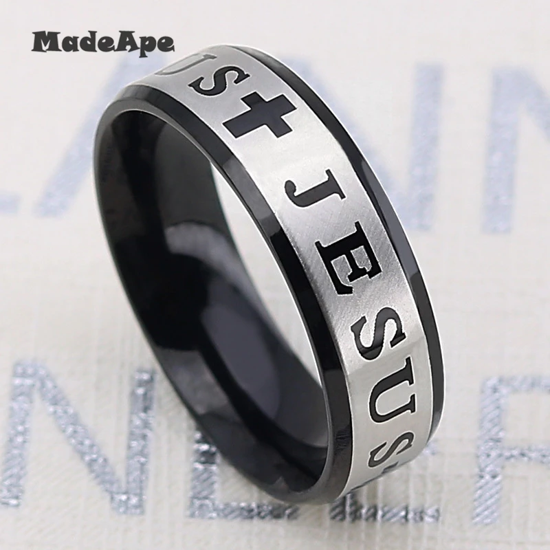 MadApe Classic Jesus Ring Stainless Steel Cross Ring Gold Color Women Wedding Rings For Womne Men Prayer Ring