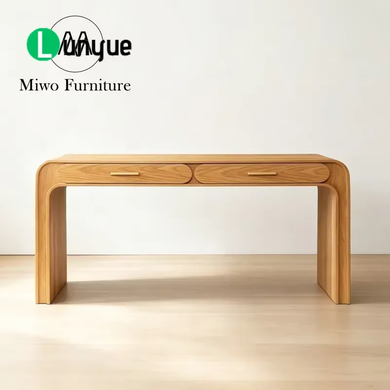 Walnut Veneer Curved Corner Writing Desk Modern Waterfall Style Wooden Desk with 2 Drawers Brass Handle for Home Office