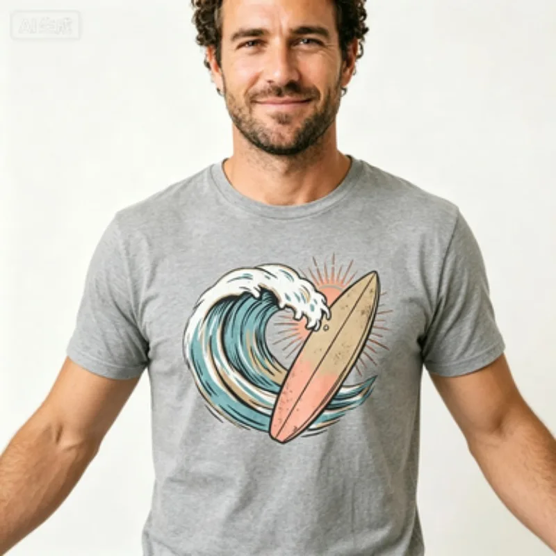 Men T‑Shirt, Vintage Surf Wave Surfboard Graphic Crew Neck Short Sleeve Tee, Casual Streetwear Tops For Seaside Vacation Outfit
