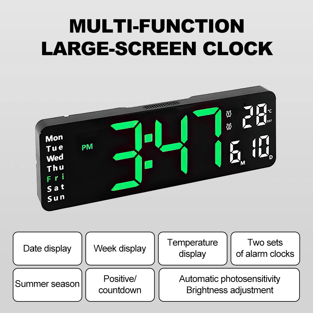 LED Digital Alarm Clock Desk Wall Clock Remote Control Temperature Date Week Display Dual Alarms Adjustable Brightness LED Clock