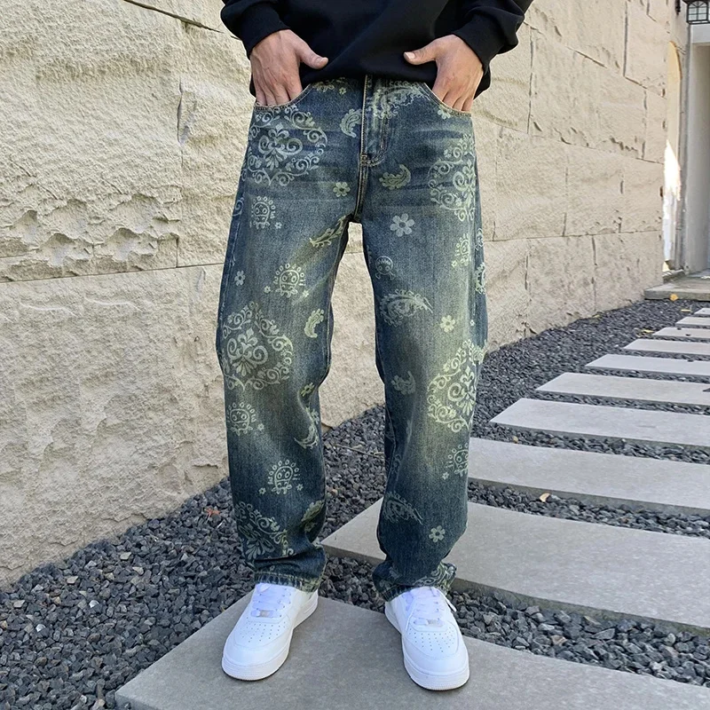 Streetwear Koreaanse high-end retro herenjeans tij volledig bedrukt cashewbloemtype losse casual rechte broek