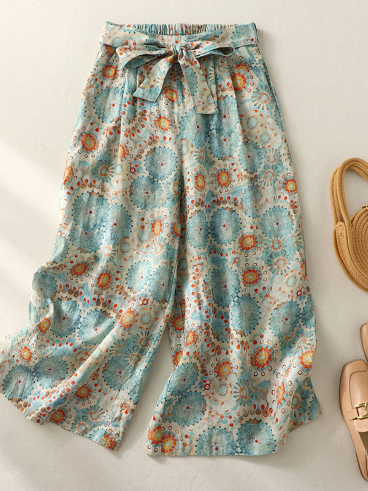 Retro Print Linen Wide Leg Pants Women Loose Nine Points Casual Cotton Linen Skirt Pants Outlet Polyester Fiber Natural Waist