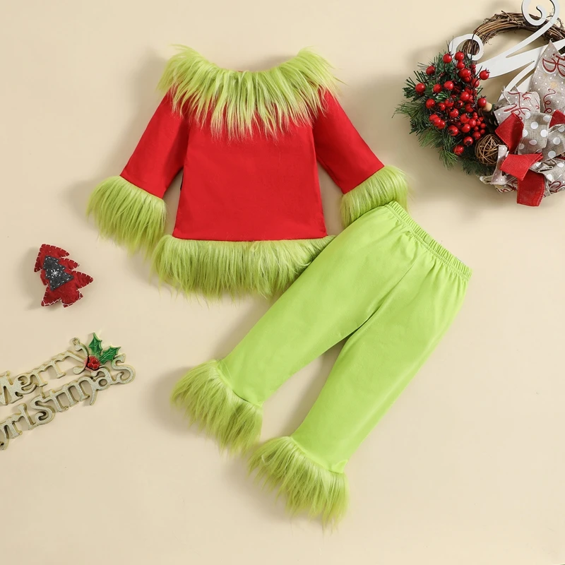 6M-5Y Kids Boys Girls Christmas Clothes Set Plush Tops and Elastic Waist Pants Outfits Child Fuzzy Suits