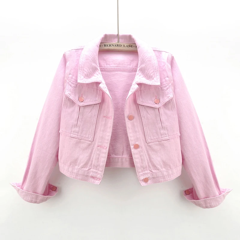 Spring Autumn New Fashion Pink Big Pocket Denim Jacket Women Korean Student Cowboy Outerwear Slim Short Jeans Jacket Coat Female