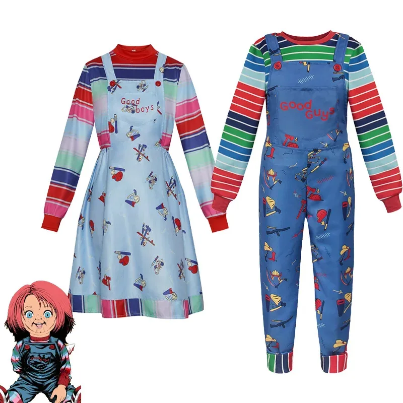 

Chucky Cosplay Costume Adult Kids Child's Play 2 Cosplay Rompers Dress Halloween Role Play Uniform for Men Women Girls Boys